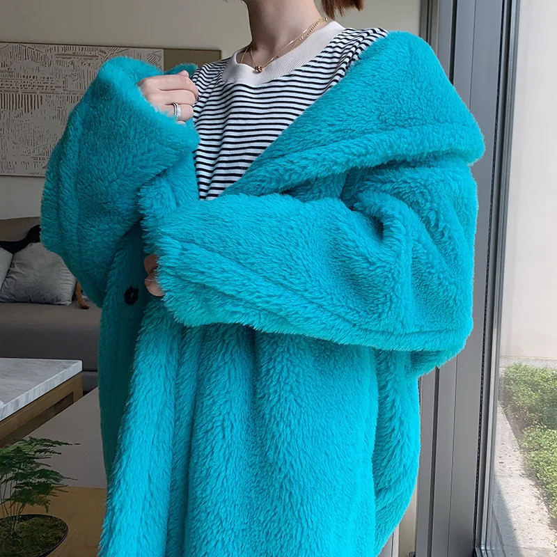 Lake Blue women clothing winter outerwear real coats new winter coat silhouette particles alpaca fur coat fluff it 1018 - Цвет: Lake Blue