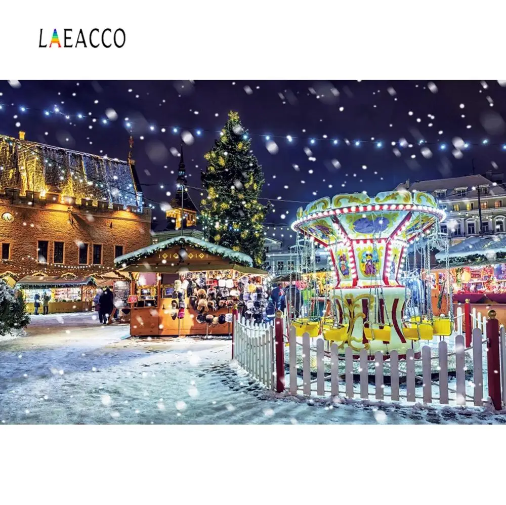 

Laeacco Carousel Light Broken Snow Christmas Tree City Street Scenery Photography Background Photo Backdrop Photo Studio Video