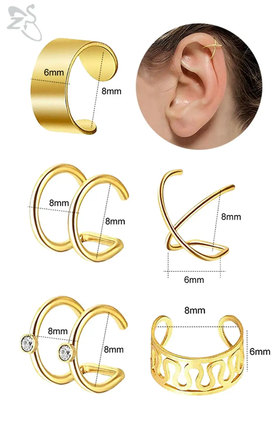 Gold ZS 10 шт./партия, базовые Клипсы из нержавеющей стали, унисекс, ушные манжеты, клипсы, спиральный для хряща клипсы Jewelrys - Окраска металла: Gold