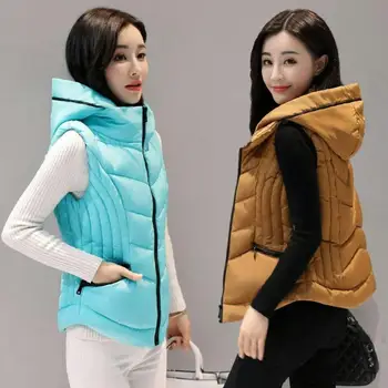 

Down Cotton Vest Women Female Spring And Autumn New Loose Hooded Thick Solid Color Fashion Vest Student Clothing Lady Coats