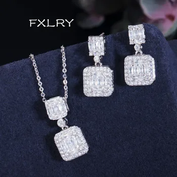 

FXLRY Elegant white color micro pave cubic zircon square geometric pendant necklace earring jewelry set