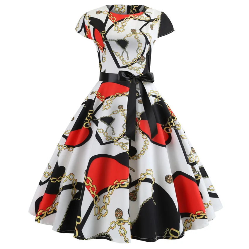 

Women Retro Printed Dhort Sleeve Hepburn Lace up Dress Short Knee-Length O-Neck Socket Basic 10 Flower Types Street Wear