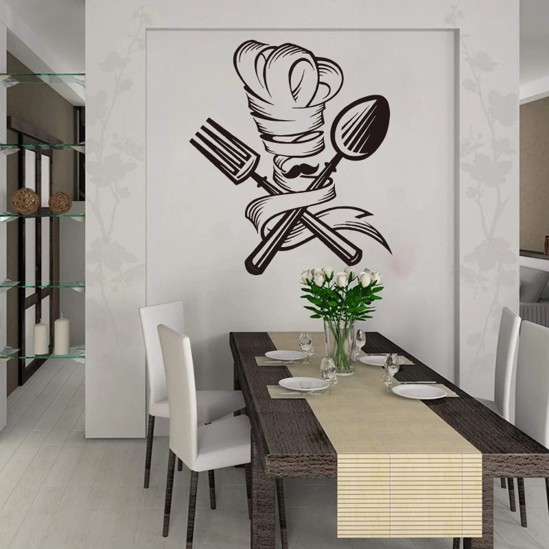 Spoon Fork Chef Moustache Hat Wall Sticker Kitchen Dinning Room  Chef Beard Kitchen Tools Wall Decal Restaurant Vinyl Decor (1)