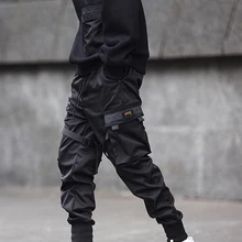 Модные мужские брюки для бега с карманами, полная длина, эластичный пояс, Повседневная Уличная одежда, крутые черные брюки-карго в стиле хип-хоп