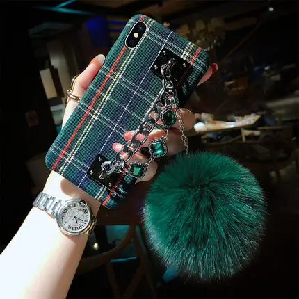 Для iPhone 11 Pro Max X XS Max XR 6 6S 7 8 Plus, роскошные стразы, бриллиантовый браслет, меховой шар, чехол для девочек, задняя крышка с кисточкой, чехол - Цвет: 1
