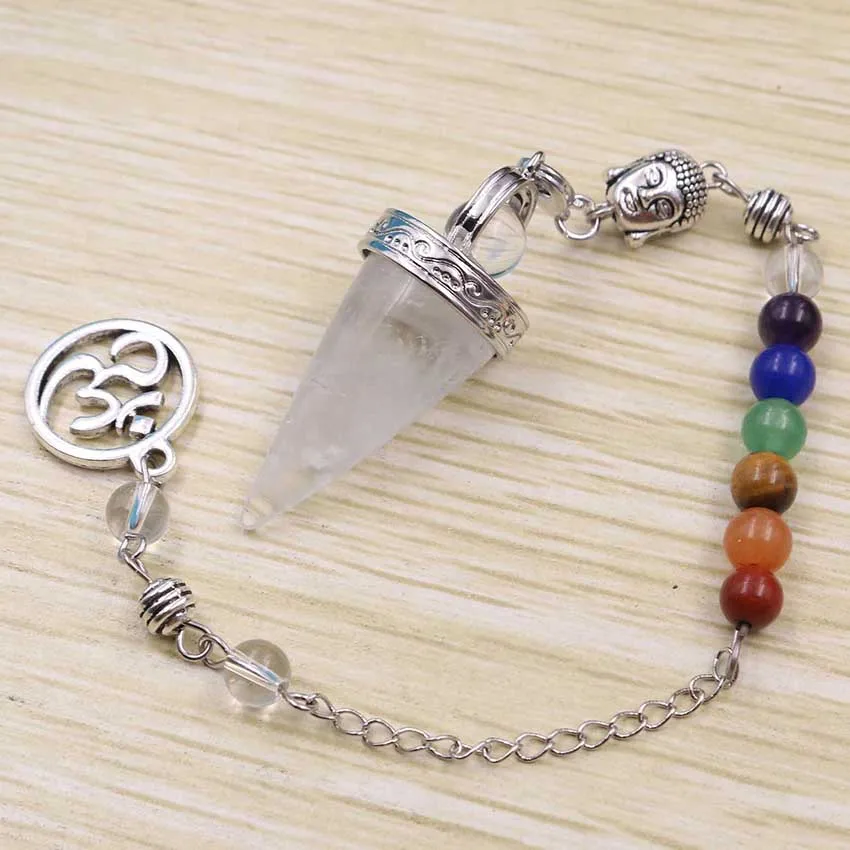 Rock Crystal XSM Новое поступление конусная форма маятник натуральная Подвеска из камней 7 Чакра 3D голова Будды Йога Wicca Маятник для divination приданое - Окраска металла: Rock Crystal