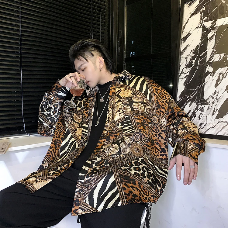 SHENGYUJIN PH Ретро ленивый уличный Леопардовый змеиный принт шелковая Свободная рубашка мужская рубашка tide personity мужской и женский лонгслив для пары