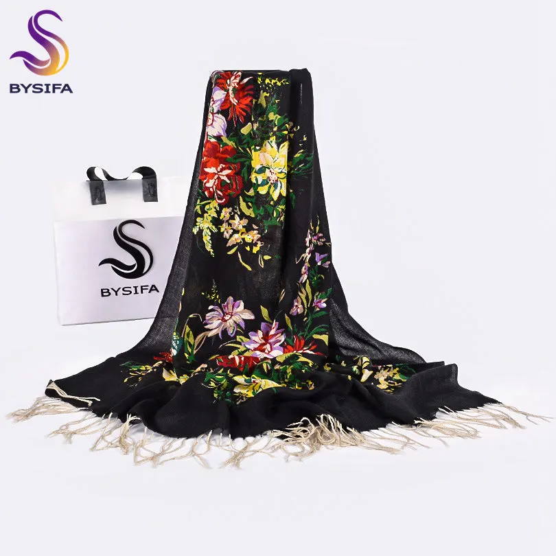 

[BYSIFA] Women Black Pure Wool Scarves Wraps New Floral Style Winter Ladies Long Scarves Pashmina Brand Tassel Neck Scarf Shawl