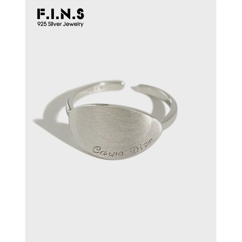 

F.I.N.S Korean S925 Sterling Silver Ring INS Geometric Oval English Letter Ring Opening Matte Brushed Silver Finger Ring