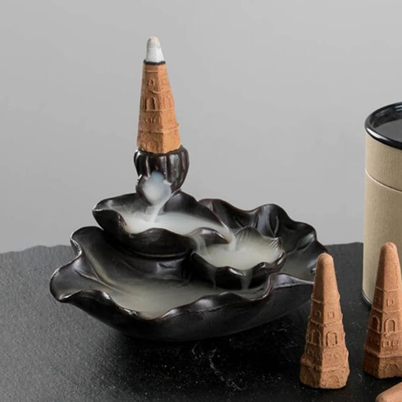 Incense Burner Lotus Leaf Decor Garden Gift Ceramics Censer Art Durable Backflow Smoke Backward Thurible Home Censer Craft