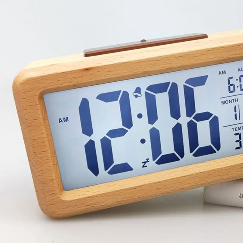 Easy Setting Wooden Digital Alarm Clock with Temperature, Date, Backlight, Snooze Functions for Bedroom Non Ticking