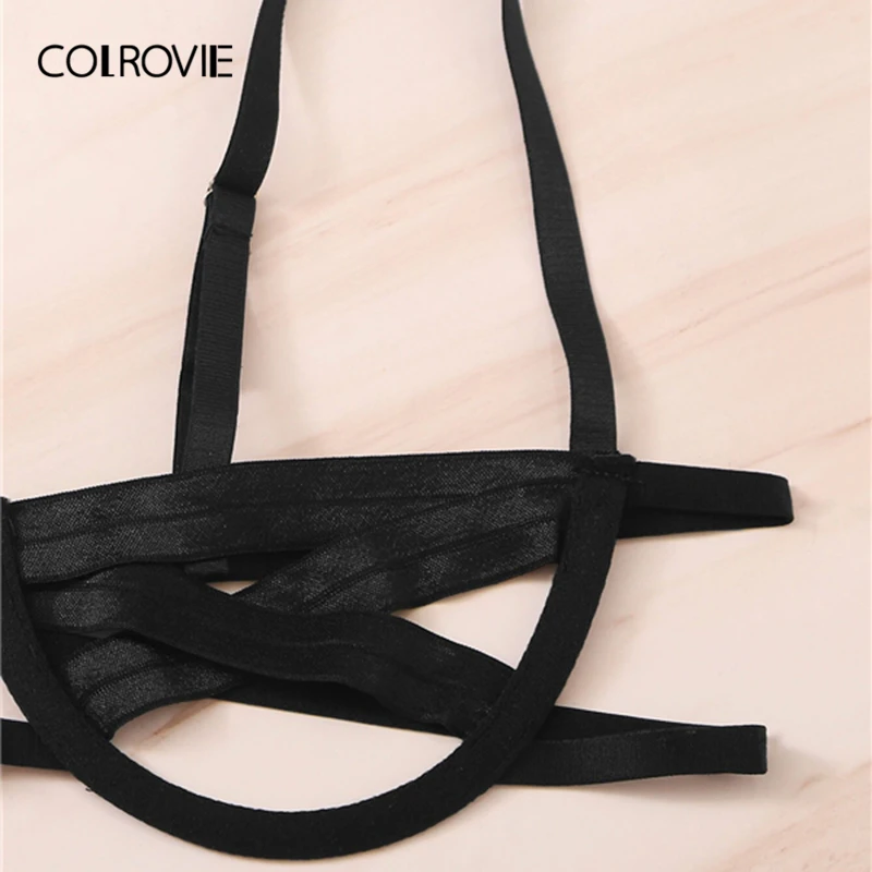 COLROVIE, черный комплект нижнего белья с вырезами на косточках, женское нижнее белье,, одноцветные сексуальные комплекты, бюстгальтер и стринги, Дамский комплект нижнего белья