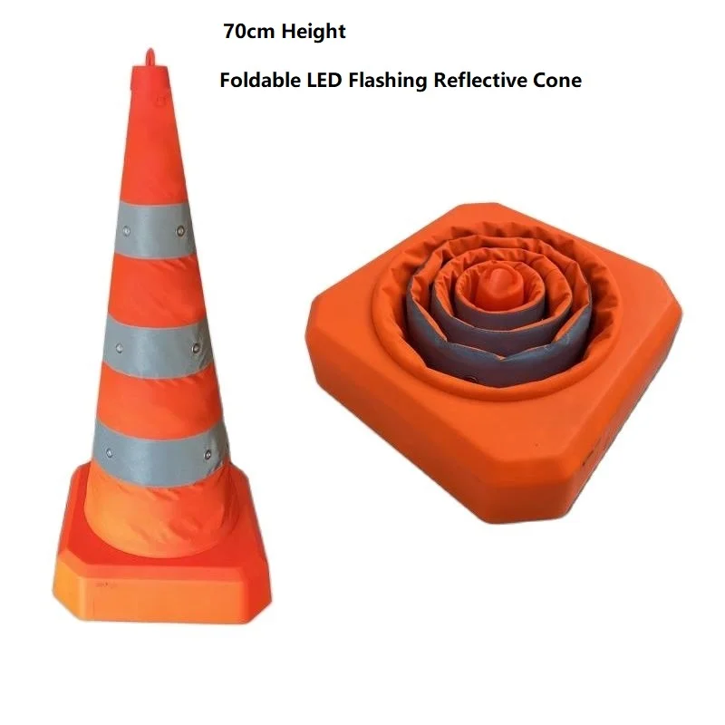 70CM Flashing Warning LED Safety Road Cone Foldable Roadblock Rechargeable Telescopic Ice Cream Shape Reflective Traffic Cone