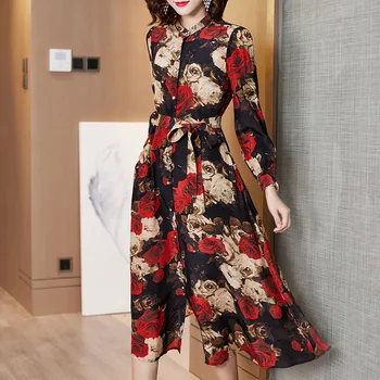 

black chiffon rose floral silk dresses women 2020 summer long casual office work beach party dress plus size slim belt dropship