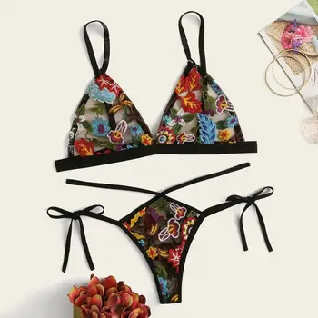 

2020 Sexy Lingerie Lace Embroidery G-string Thong Temptation Underwear Sleepwear Set Print Bow Shorts V-Neck Tops pijamas mujer