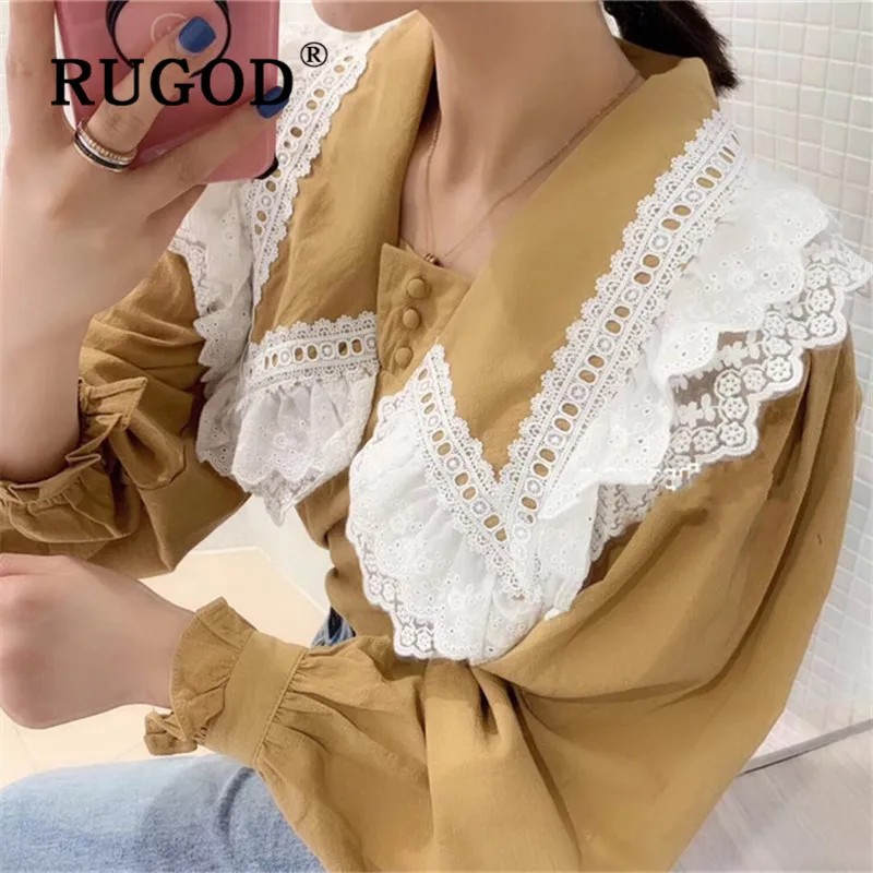 RUGOD винтажная блузка женские блузки с длинным рукавом элегантный топ корейская модная одежда женские рубашки Милая рубашка отложной воротник