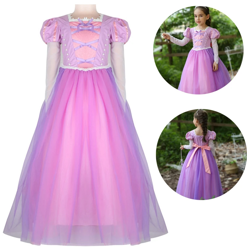 Платье принцессы Рапунцель для девочек; детская одежда для костюмированной вечеринки; детская одежда с длинными рукавами; карнавальные аксессуары для вечеринки по случаю Дня рождения; парик