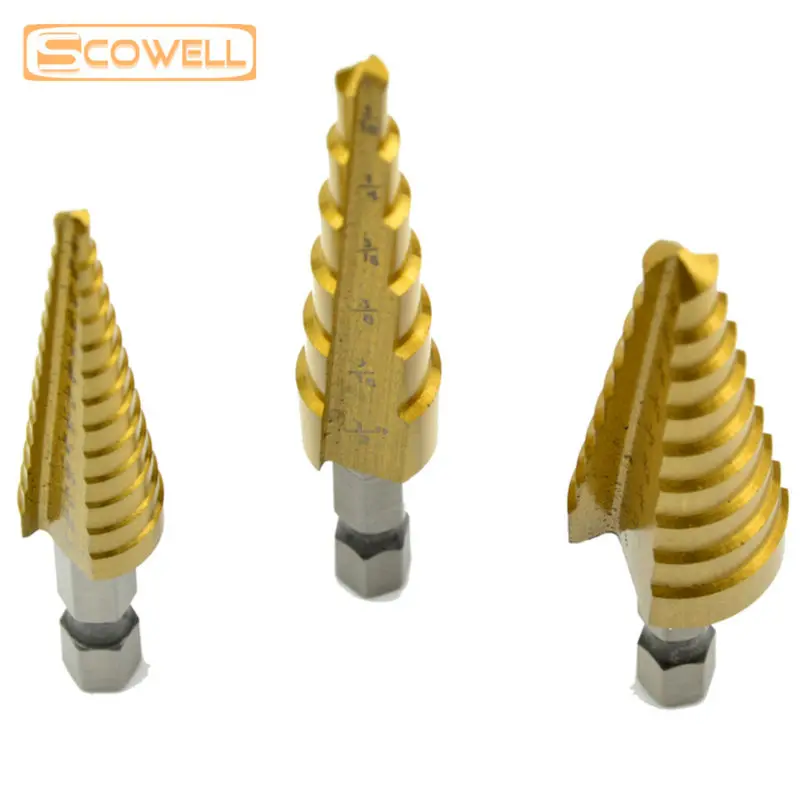 

HSS 4241# Step Drill Bit 3pcs Spiral Groove Wood Drilling Bits 6/9/13 Steps 3/16 Inch to 1/2 Inch Titanium Coated Jobber Drill