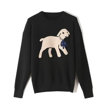 

Runway Women Luxury Cartoon Sheep Embroidery Sweaters Diamonds Pullovers Autumn Winter Feminine Bow Patchwork Jumpers Tops New