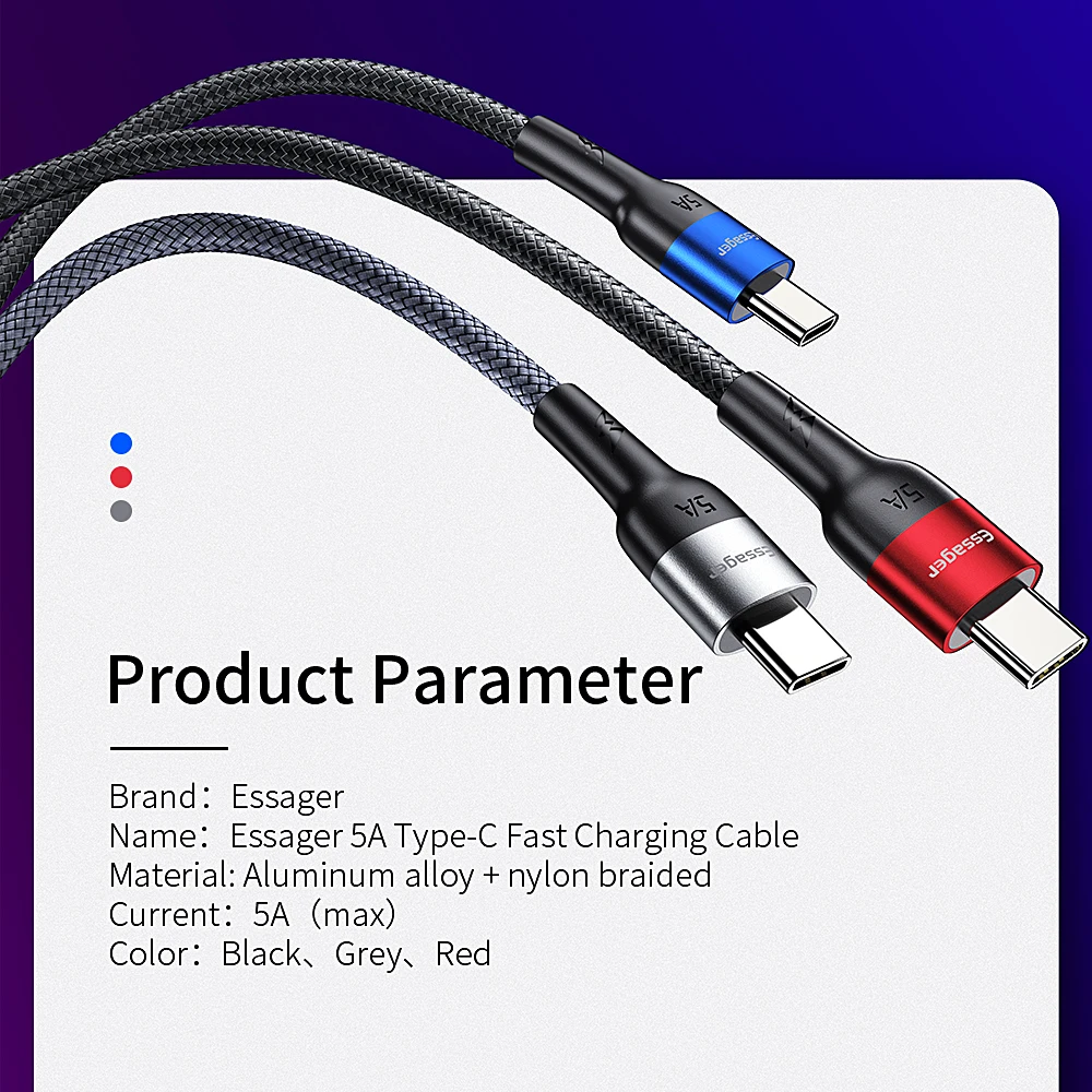 Usb кабель Essager 5A Type C для Huawei Mate 20 P30 P20 P10 P9 Pro OPPO R9 R7 R5 USBC быстрой зарядки 4 0 с