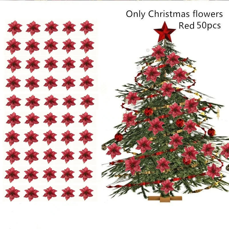 Flores Artificiales de Navidad Copos de Nieve Lazos Dorado MMTX 120 Adorno de Árbol de Navidad Campanas Bastones pequeños para Decoraciones de árboles de Navidad