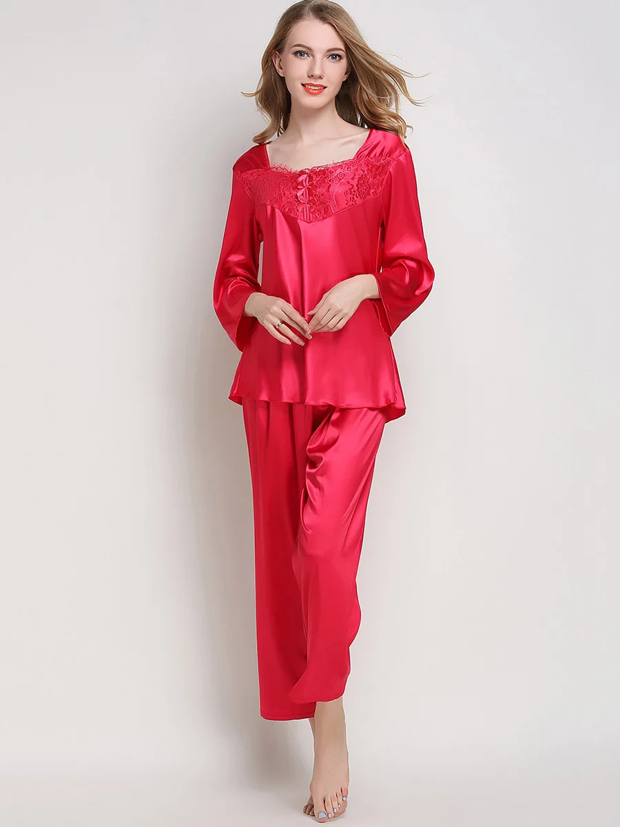 

Silk Pajama Sets Woman Clothes Lace Sexy Lingerie Satin Pajamas For Women 2 Pieces Set Fall 2019 Pink Red Elegant Sleepwear 2XL