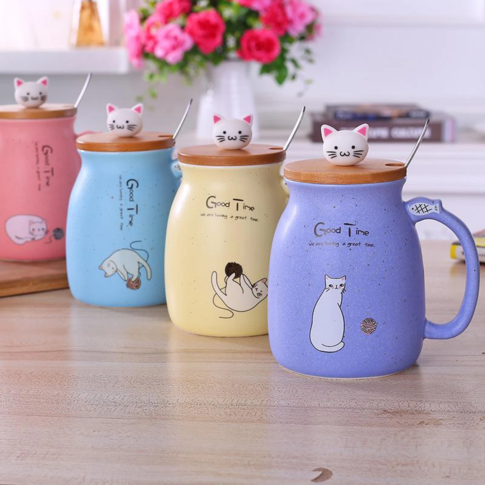 Cute Cat Ceramic Cup Hot Cold Tea Cup Milk Coffee Mug with Spoon Lid Pink