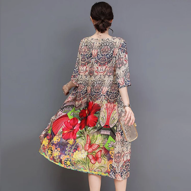Платья с круглым воротником, летние новые винтажные свободные удобные тонкие шелковые офисные женские платья с рукавом до локтя, модные женские платья