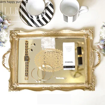 

Retro European Storage Tray Gold Mirror Tray Cosmetic Jewelry Storage Decoration Banquet Dessert Table Cake Pan Display Stand