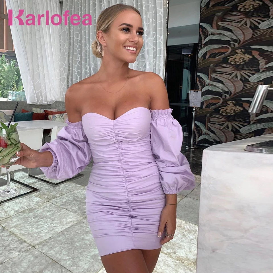 

Karlofea Female New Spring Outfits Mini Dress Sexy Off Shoulder Club Party Wear Chic Sheath Ruched Dress Wedding Party Dresses
