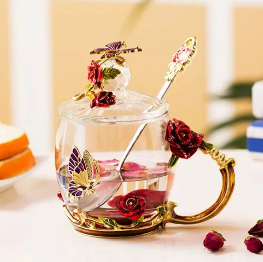 1cupspoon1lid Красная роза, эмалированное стекло, кофейные кружки чашки для чая и кружки, ручной работы, термостойкие стаканы, стакан для воды, посуда для напитков, подарок для влюбленных, свадебная чашка - Цвет: 1cupspoon1lid