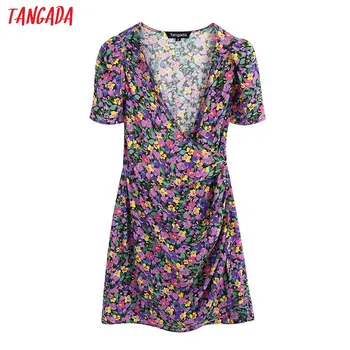 

Tangada women floral print purple dress v neck short sleeve 2020 summer females mini dresses vestidos BE509