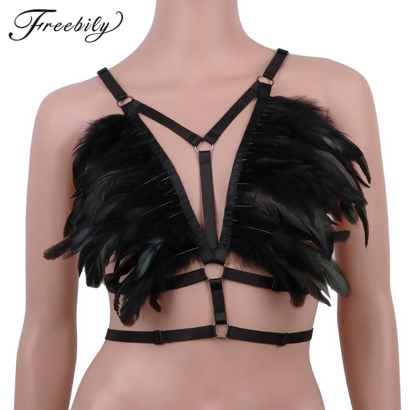 

Women Feather Bondage Harness Lingerie Strappy Elastic Adjustable Caged Bralette Punk Gothic Feather Tops Festival Rave Clothes
