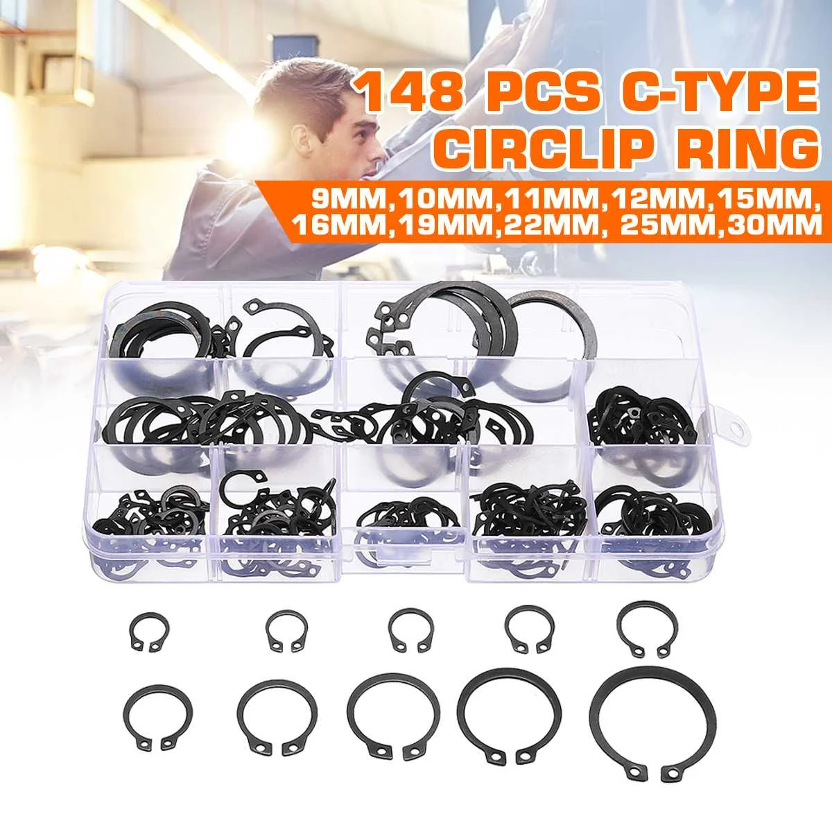 148PCS 9-30MM Internal External Retaining Circlips C-clip Washers Snap Retaining Ring Circlip Carbon Steel Assortment Kit