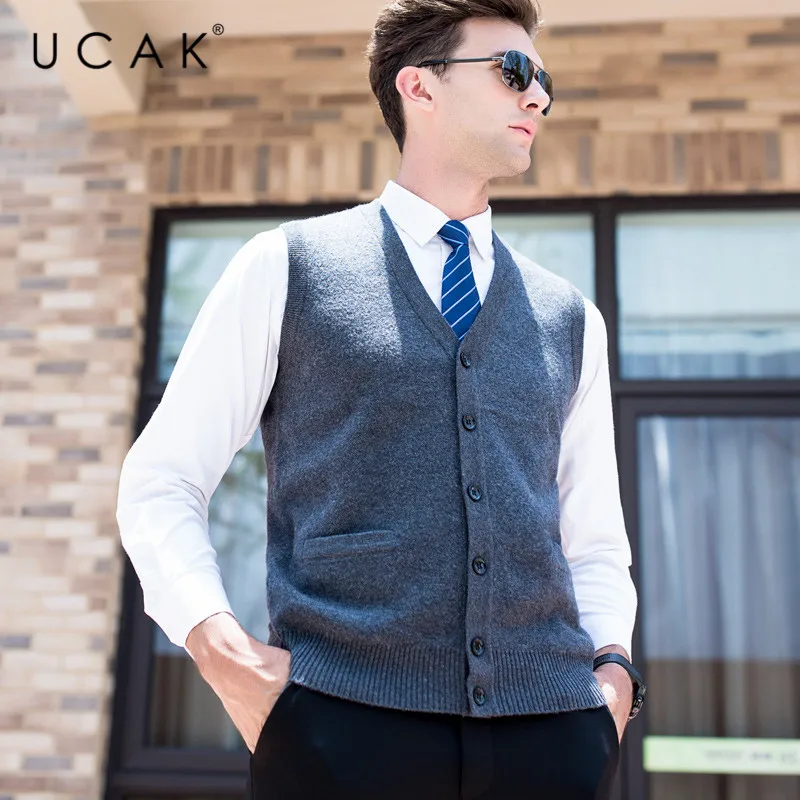 Cheap UCAK Brand Sweater Vest Men Solid V-Neck Pure Merion Wool Pull Homme Casual Warm 2019 Winter Fashion Trend Buttons Vests U3099