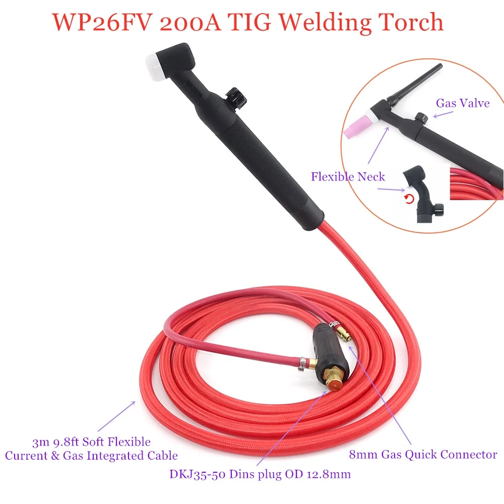 WP26FV 200A TIG сварочный фонарь 3 м мягкий кабель с воздушным охлаждением вольфрамовый
