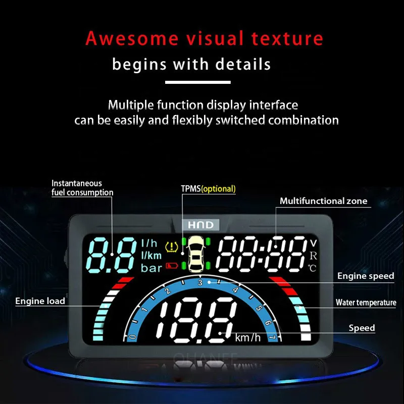 Универсальный Hud автомобильный проектор скорости Obd2 вождения компьютера Встроенный датчик Tpms A200 экран лобового стекла
