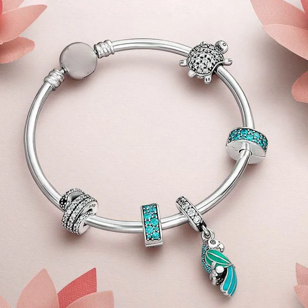 

Keris Shop 100% 925 Sterling Silver 1:1 Turtle with cubic Beaded TROPICAL PARROT HANGING CHARM Bangle Natural Gift Set