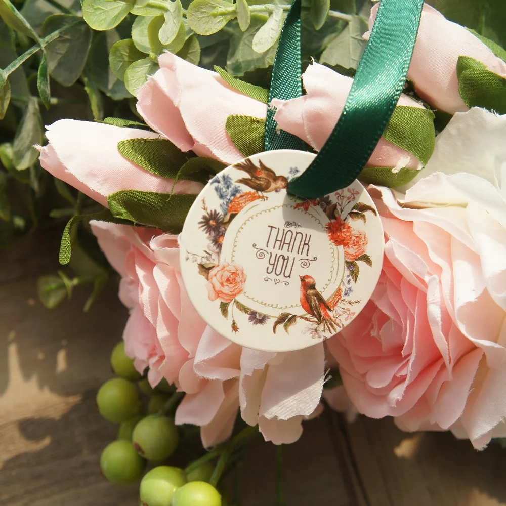 

50pcs Bird Wreath Flower Thank You Theme Gift Design Paper Tags Labels Wedding Birthday Party Gift Decoration Scrapbooking DIY