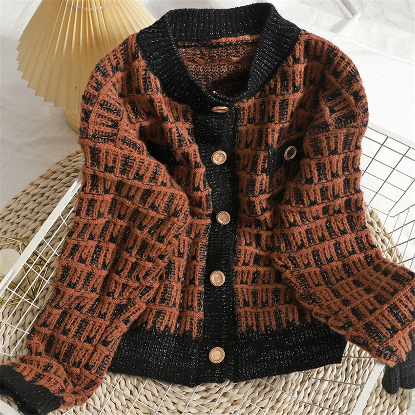 Women Designer Knitted Cardigan Mujer Autumn Winter Striped Sweater Cardigans Korean Style Casual Pull Femme brown sweater Sweaters
