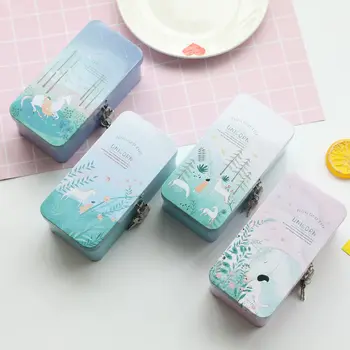 

Lockable pen box Desktop stationery container female tin pencil case lock sundry storage school supplies double deck estuche