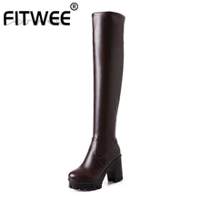 Облегающие высокие женские сапоги; большие размеры 33-45; повседневная обувь на платформе и толстом каблуке; женские зимние теплые мягкие эластичные белые сапоги