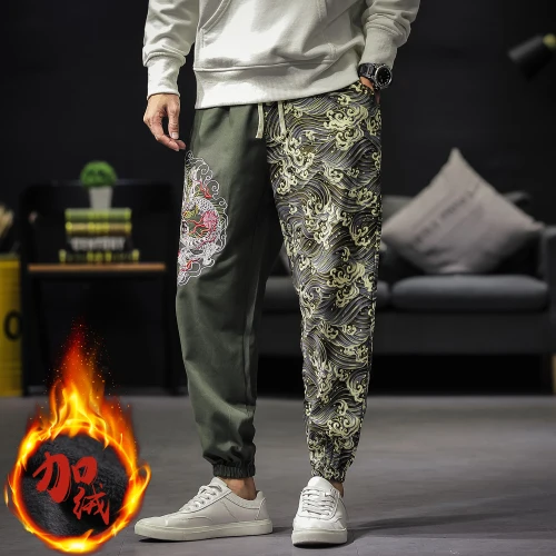 Liketkit, мужские зимние штаны-шаровары,, пэчворк, Китайская традиционная вышивка дракона, джоггеры, мужские винтажные плотные брюки-карго, 5XL - Цвет: Армейский зеленый