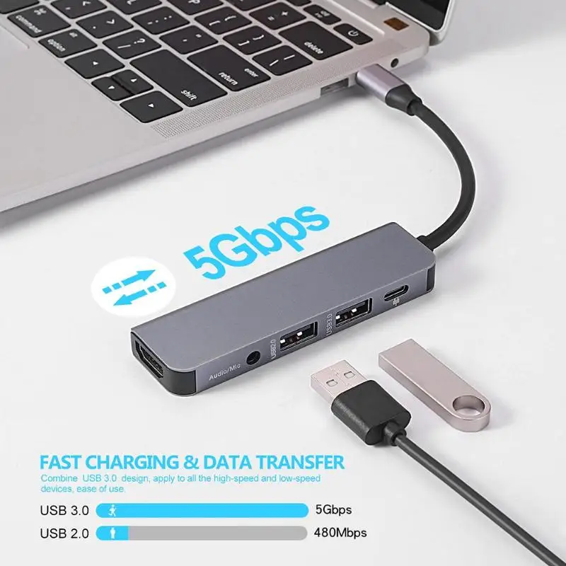 Аудио USB-C станция адаптер умелое производство Превосходное качество 5 в 1 type-C концентратор USB-C к HDMI USB3.0 USB 2,0 3,5 мм
