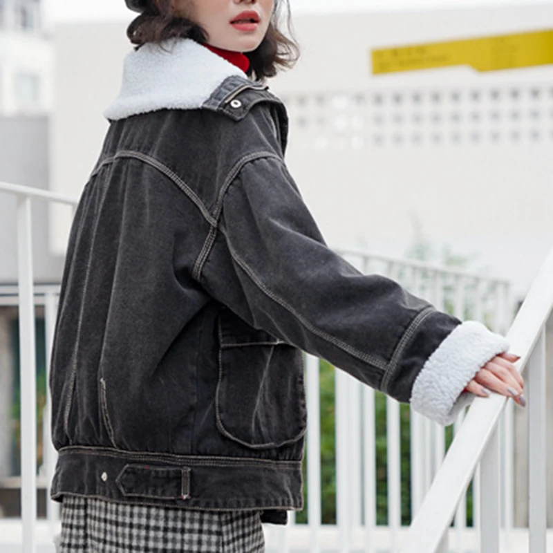 Winter Denim Jacket Coat Women New Korean Trendy Coat Wild Loose Casual Elegant Warm Lamb Wool Coat Party Gift High Quality