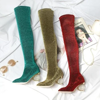 

Fashion autumn winter boots women pointed toe strange heel 6.5cm red over the knee boots temperament goddess plush large size