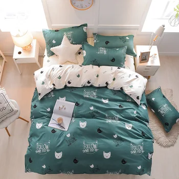 

denisroom cute cat comforter bedding sets green duvet cover set simple bed linens comforter cover king size TY91#