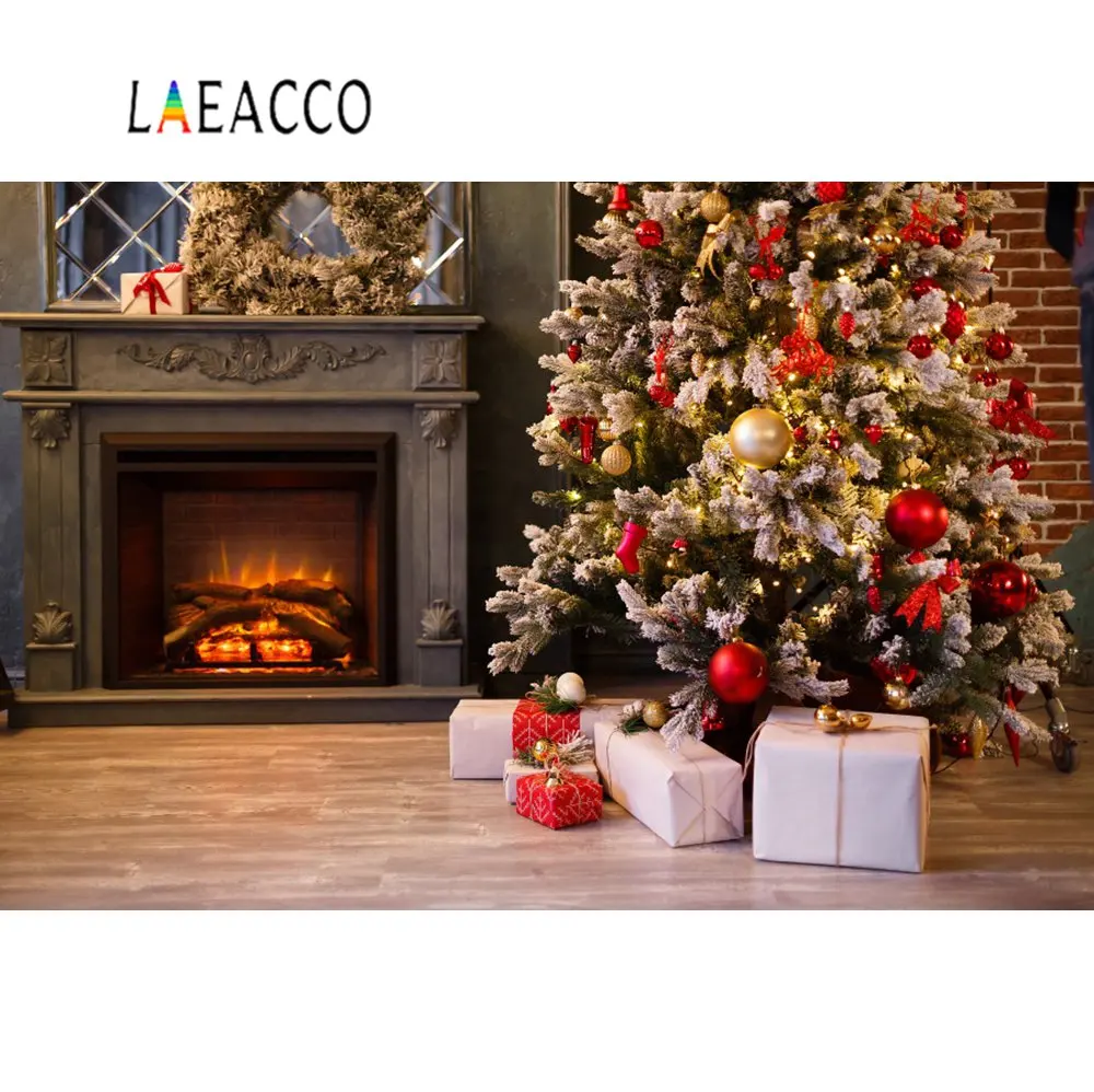 

Laeacco Photo Backdrop Christmas Tree Gift Ball Bauble Fireplace Wood Kid Portrait Photography Background Photocall Photo Studio