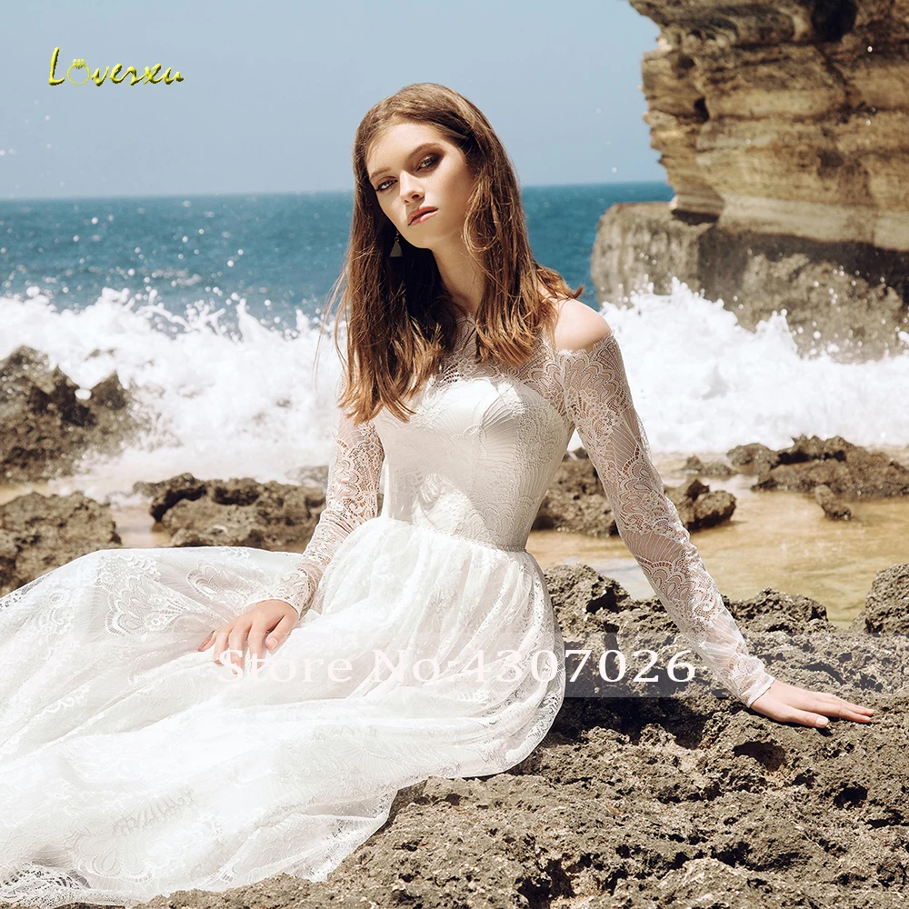 Loverxu, вырез лодочкой, пляж, линия, бохо, кружева, свадебные платья, Шикарные аппликации, длинный рукав, пуговицы, платья невесты, развертки, поезд, свадебное платье