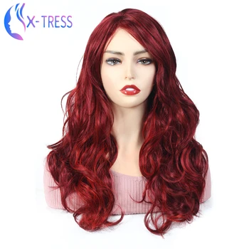 

Red Colored Synthetic Wig For Women X-TRESS Fashion Low Temperature Fiber 20" Long Wavy Hair Wigs With Bangs Female Hairstyle
